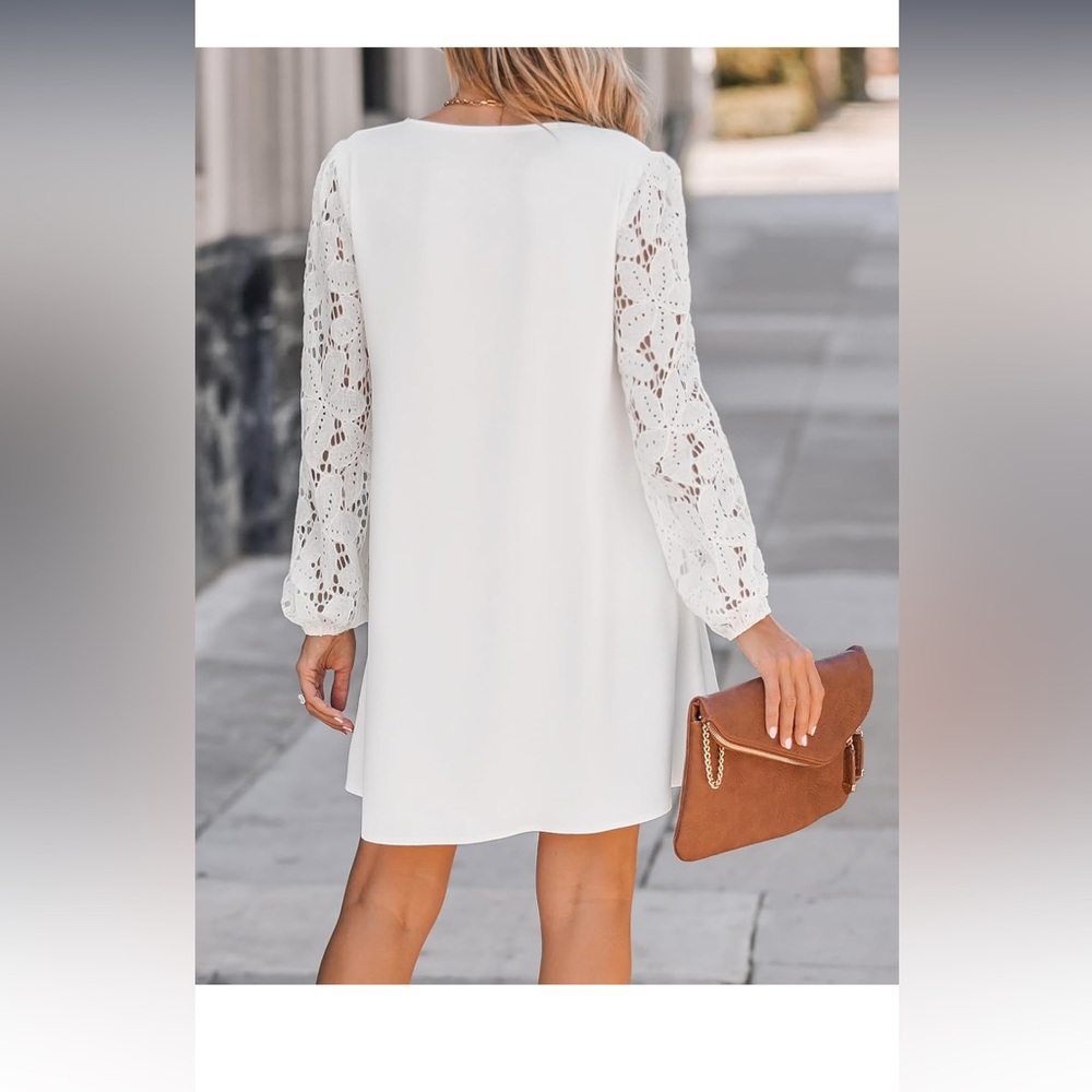 CUPSHE Women's Mini Dress Scalloped V Neck Lace Appliques Long Sleeve - Picture 3 of 8